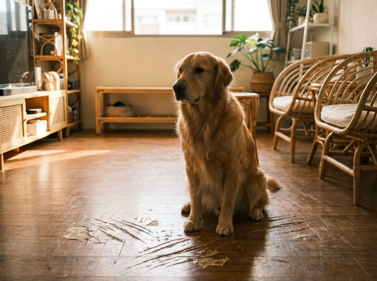 大型犬在抓痕地板上