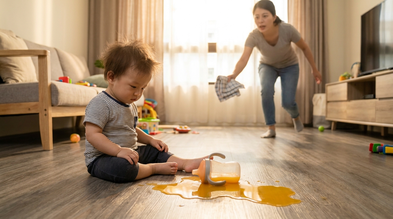 幼兒打翻飲料場景